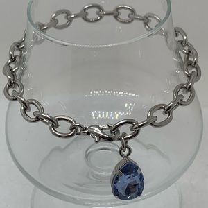 Vintage 7-1/2” Silver Bracelet With Blue Crystal Charm